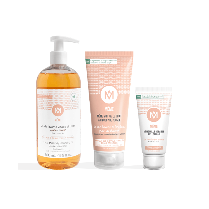 Complete Shower and Care Kit composed of a gentle shampoo, a cream deodorant and a cleansing oil - MÊME Cosmetics
