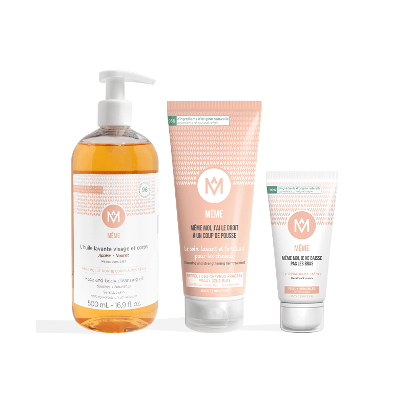 Kit Complet Douche et Soin composé d'un shampoing doux, un déodorant crème, une huile lavante - MÊME Cosmetics