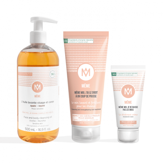 Complete Shower and Care Kit composed of a gentle shampoo, a cream deodorant and a cleansing oil - MÊME Cosmetics