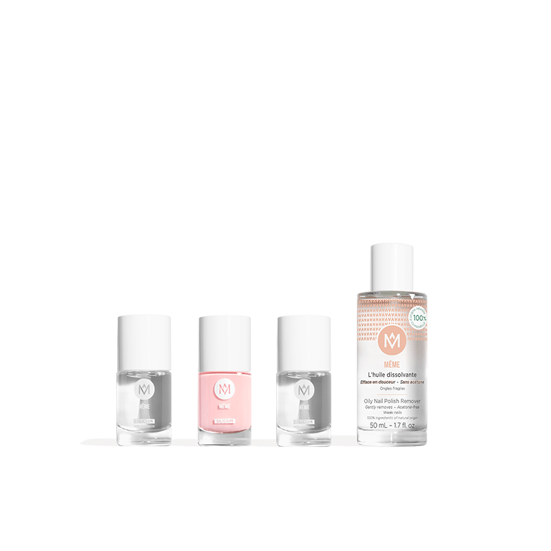 Manicure kit with pink dragée nail polish, protective base, top coat and nail polish remover oil - MÊME Cosmetics
