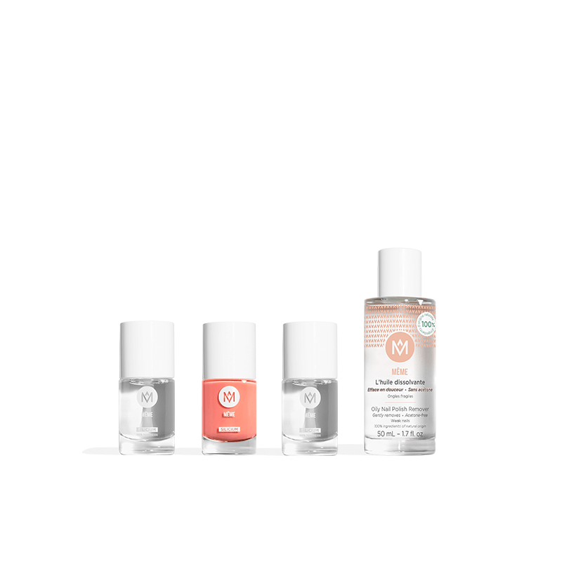 Manicure kit with melon pink nail polish, protective base, top coat and nail polish remover oil - MÊME Cosmetics
