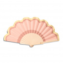 Foldaway fan in MÊME colours opened out on a light background.